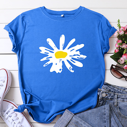 

Women's T shirt Flower Print Round Neck Tops 100% Cotton Basic Basic Top White Black Blue