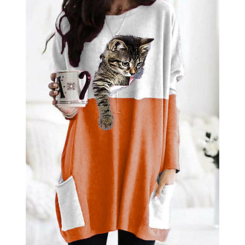 

Women's T shirt Cat Graphic 3D Long Sleeve Pocket Round Neck Tops Basic Basic Top Black Orange Khaki