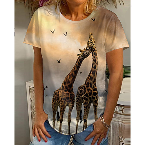 

Women's 3D Printed Painting T shirt Graphic 3D Giraffe Print Round Neck Basic Tops Yellow
