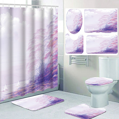 

All Kinds of Colorful Flowers and Digital Printing Waterproof Fabric Shower Curtains for Bathroom Home Decoration Curtains with Hooks Bathroom Four-piece Set