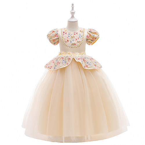 

Princess Tea Length Flower Girl Dresses Party Tulle Short Sleeve Jewel Neck with Beading