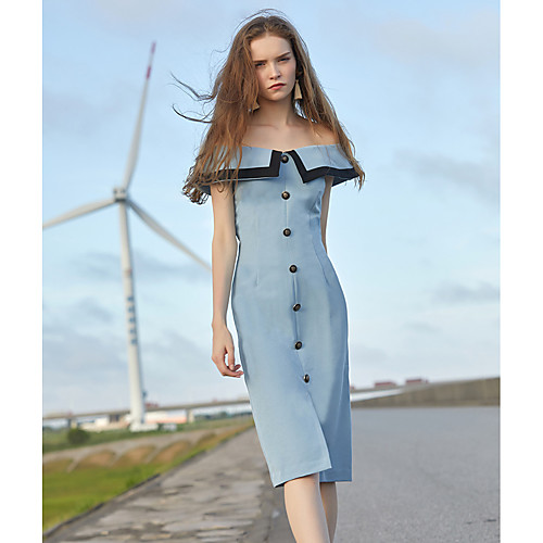 

Sheath / Column Off Shoulder Knee Length Jersey Bridesmaid Dress with Buttons
