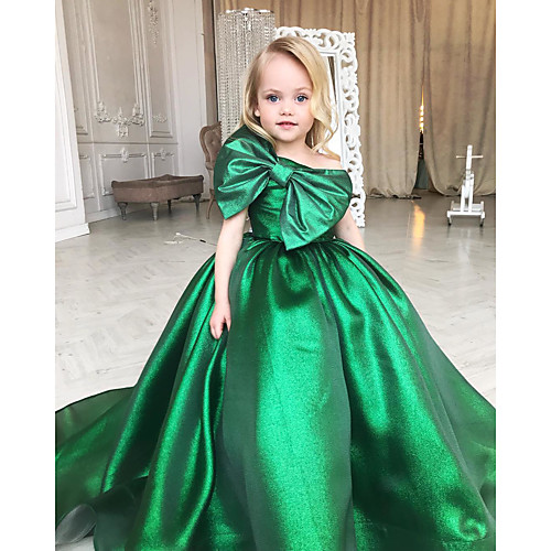

Princess Sweep / Brush Train Flower Girl Dresses Party Taffeta Short Sleeve One Shoulder with Bow(s)