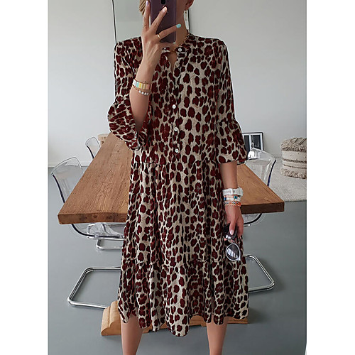 

Women's Sundress Midi Dress Blue Wine Brown 3/4 Length Sleeve Print Color Block Print Fall Spring Round Neck Casual Holiday 2021 S M L XL XXL