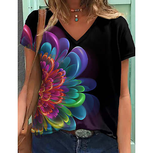 

Women's Floral Theme Painting T shirt Floral Graphic Print V Neck Basic Tops Black