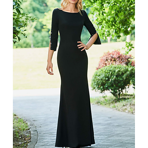 

Sheath / Column Mother of the Bride Dress Elegant Jewel Neck Floor Length Stretch Fabric Half Sleeve with Beading 2021