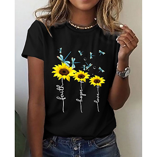 

Women's Floral Theme Sunflower T shirt Floral Graphic Print Round Neck Basic Tops White Black