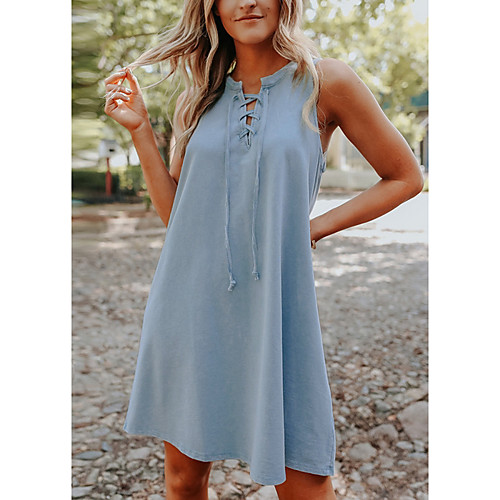 

Women's Sheath Dress Short Mini Dress Blue Sleeveless Solid Color Summer cold shoulder Sexy 2021 S M L XL