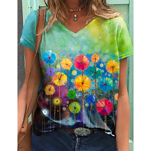 

Women's Floral Theme Painting T shirt Graphic Dandelion Print V Neck Basic Tops Green