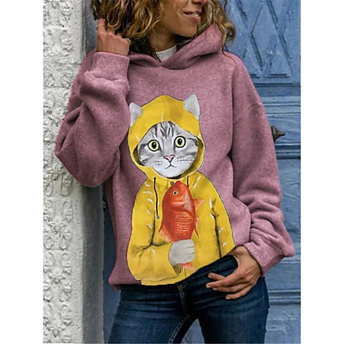 

Women's Hoodie Pullover Cat Graphic Prints Print Daily Going out Other Prints Casual Streetwear Hoodies Sweatshirts Blushing Pink Gray Green