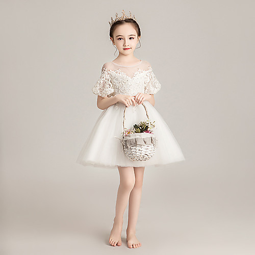 

Princess Short / Mini Flower Girl Dresses Event / Party Tulle Short Sleeve Illusion Neck with Beading / First Communion
