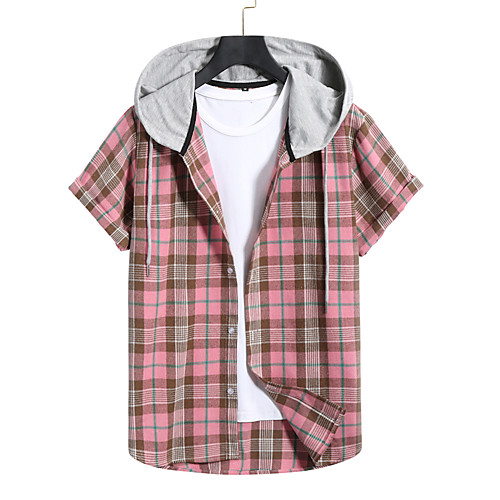 

Men's Shirt Lattice Short Sleeve Street Tops Fashion Blue Blushing Pink Black