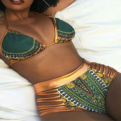 

Women's Bikini Tankini Swimsuit High Waist Print Tribal Blue Purple Army Green Fuchsia Green Swimwear Halter Bathing Suits / Padless