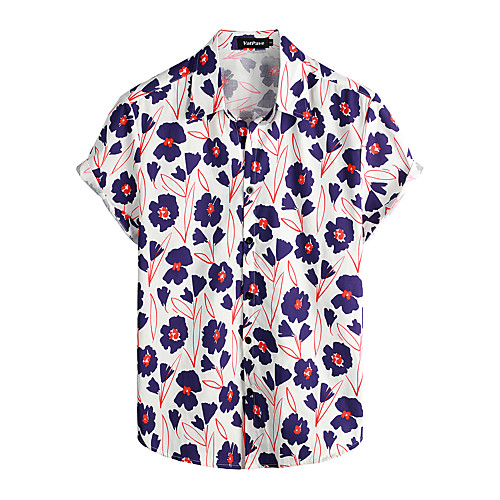 

Men's Shirt Floral Short Sleeve Daily Tops 100% Cotton Basic Boho Classic Collar White / Navy / Beach