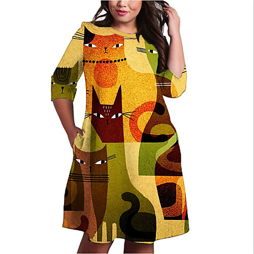 

Women's Plus Size Dress Shift Dress Knee Length Dress 3/4 Length Sleeve Cat Color Block Animal Print Casual Fall Spring Summer Orange XL XXL 3XL 4XL 5XL