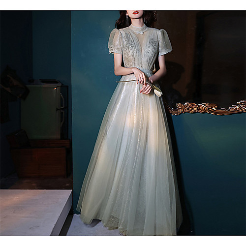 

A-Line High Neck Floor Length Tulle Bridesmaid Dress with Bow(s) / Bandage