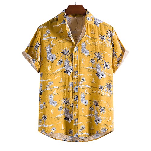 

Men's Shirt Other Prints Letter Animal collared shirts Print Short Sleeve Daily Tops Beach Boho Button Down Collar Yellow