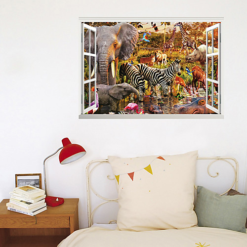 

3D Fake Window New Wall Paste Elephant Animal Park Home Corridor Background Decoration Can Be Removed Stickers