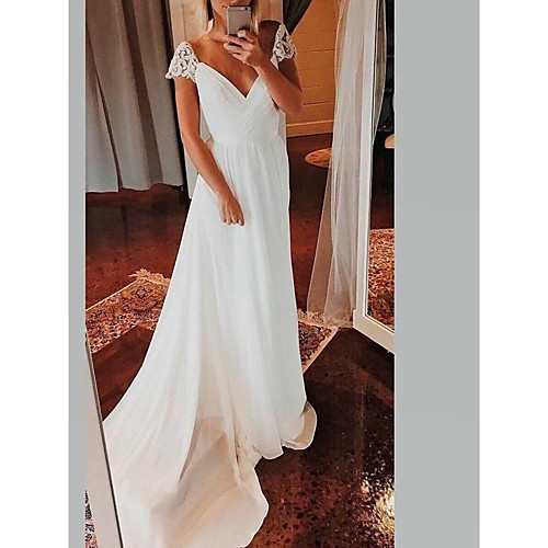 

Sheath / Column Wedding Dresses V Neck Court Train Chiffon Cap Sleeve Romantic Beach with Pleats Appliques 2021