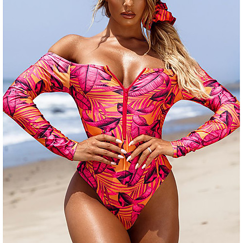 

Women's One Piece Rash Guard Swimsuit Zipper Print Tropical Leaf Blushing Pink Swimwear Bodysuit Off Shoulder Bathing Suits New Colorful Sexy / Padded Bras