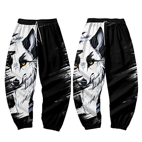 

Men's Casual / Sporty Athleisure Daily Sports Harem Loose Jogger Pants Sweatpants Pants Wolf Full Length 3D Print Elastic Waist Black / White