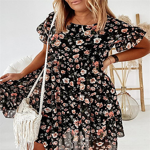 

Women's Swing Dress Short Mini Dress Blue Black Beige Short Sleeve Floral Print Summer Round Neck Boho Cap Sleeve Loose 2021 S M L XL XXL 3XL