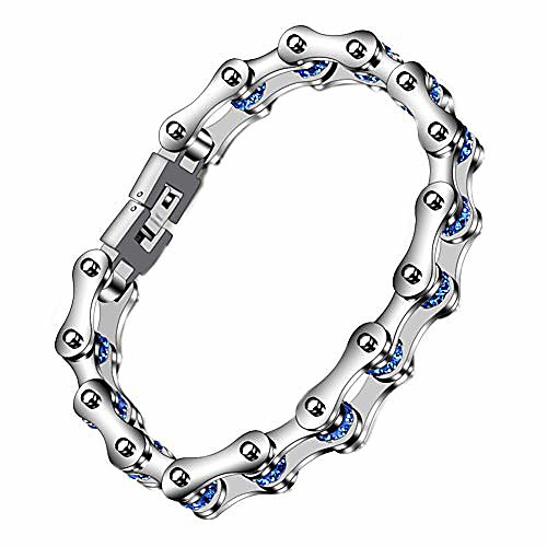 

pamtier men's and women's stainless steel crystal bike chain motorcycle link bracelet 8.75 inches blue