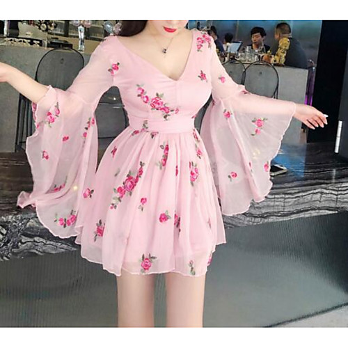 

A-Line Sexy Floral Holiday Cocktail Party Dress V Neck 3/4 Length Sleeve Short / Mini Chiffon with Pleats Embroidery 2021