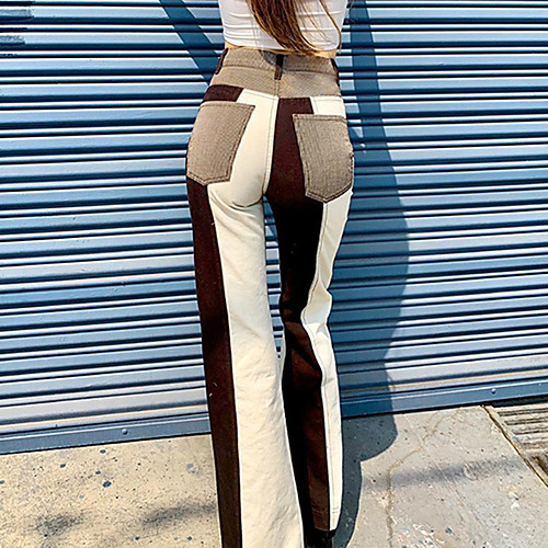 

Women's Streetwear Chino Comfort Casual Weekend Wide Leg Pants Color Block Ankle-Length Pocket Brown