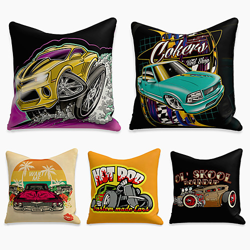

5 pcs Faux Linen Pillow Cover, Cartoon Square Zipper Polyester Traditional Classic