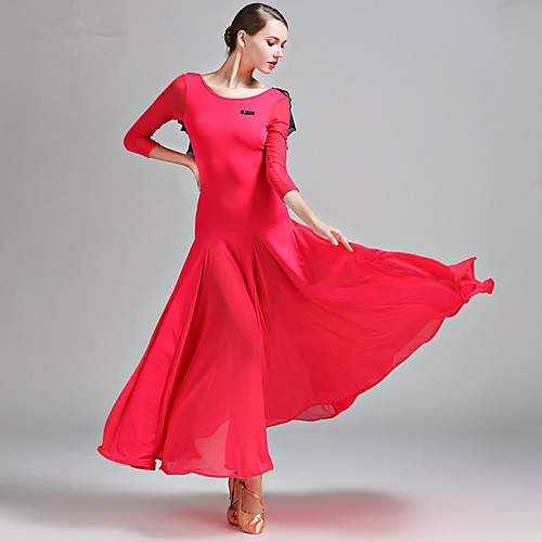 

Ballroom Dance Dress Pleats Split Joint Women's Training Performance Long Sleeve Natural Chiffon Tulle Milk Fiber