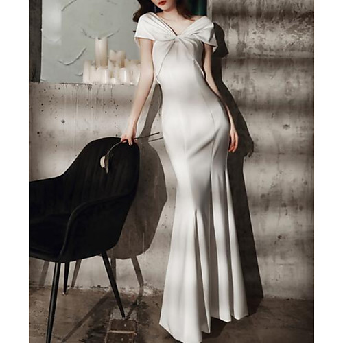 

Mermaid / Trumpet Minimalist Sexy Engagement Formal Evening Dress V Neck Short Sleeve Floor Length Italy Satin with Sleek Bow(s) 2021