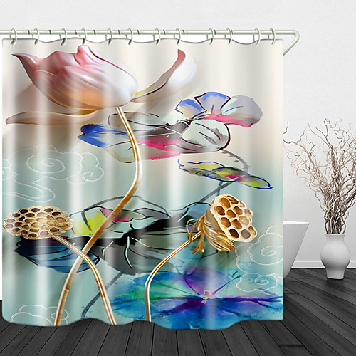 

Beautiful Lotus Print Waterproof Fabric Shower Curtain for Bathroom Home Decor Covered Bathtub Curtains Liner Includes with Hooks 72 Inch