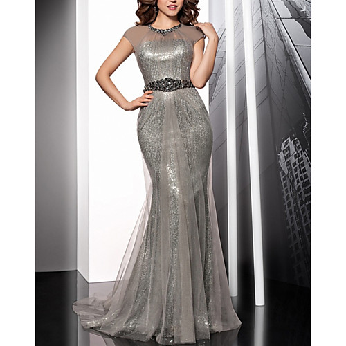 

Mermaid / Trumpet Beautiful Back Sparkle Engagement Formal Evening Dress Jewel Neck Short Sleeve Sweep / Brush Train Tulle with Sash / Ribbon Sequin 2021