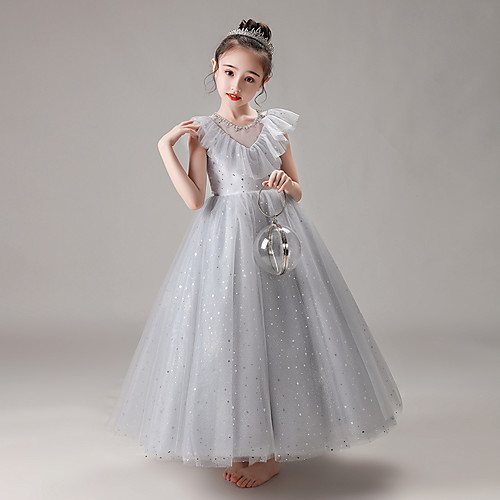

Princess Floor Length Junior Bridesmaid Dress Wedding Tulle Crew Neck with Pleats