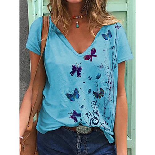 

Women's T shirt Butterfly Print V Neck Tops Cotton Basic Basic Top White Blue Purple