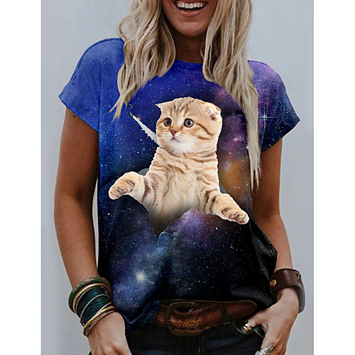 

Women's 3D Cat T shirt Cat Graphic 3D Print Round Neck Basic Tops Black Blue Green