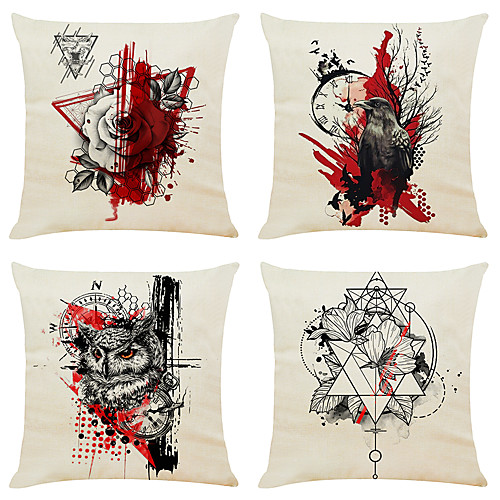 

4 pcs Faux Linen Pillow Cover, Geometric Holiday Simple Classic Square Zipper Traditional Classic