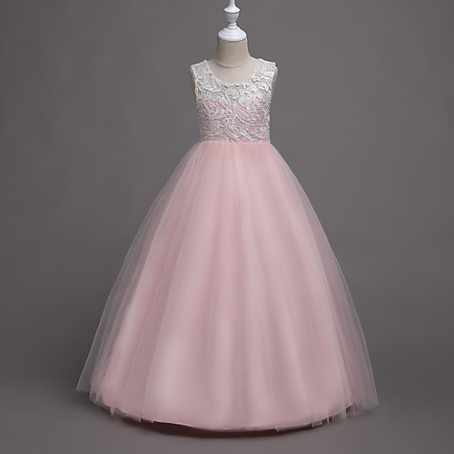 

Princess Floor Length Flower Girl Dresses Party Lace Sleeveless Jewel Neck with Buttons