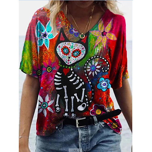 

Women's T shirt Animal Ruffle Print V Neck Tops Boho Basic Top Red