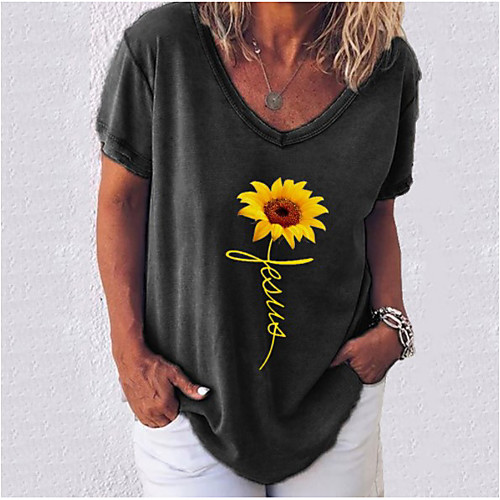

Women's T shirt Floral Flower V Neck Tops White Black Blue