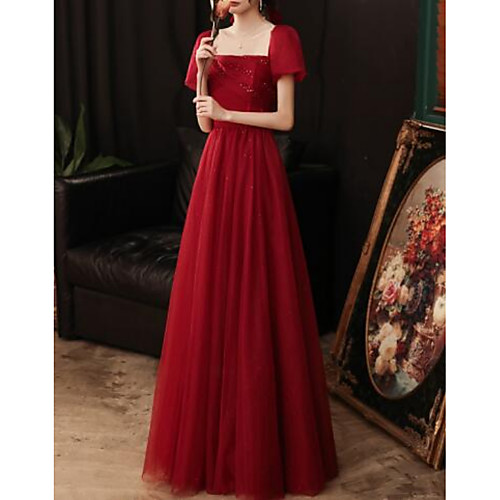 

A-Line Sparkle Elegant Engagement Prom Dress Scoop Neck Short Sleeve Floor Length Tulle with Pleats Sequin 2021