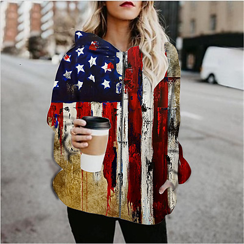 

Women's Hoodied Jacket Daily Spring & Fall Regular Coat Regular Fit Active Streetwear Jacket Long Sleeve Color Block Print White / Holiday