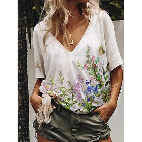 

Women's T shirt Floral Butterfly Print V Neck Basic Tops White