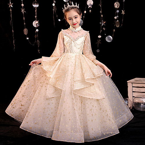

Princess Floor Length Flower Girl Dresses Party Lace 3/4 Length Sleeve High Neck with Tier