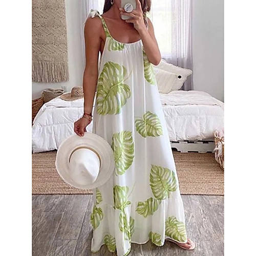 

Women's Strap Dress Maxi long Dress White Sleeveless Floral Print Patchwork Print Summer Round Neck Casual Loose 2021 S M L XL XXL 3XL