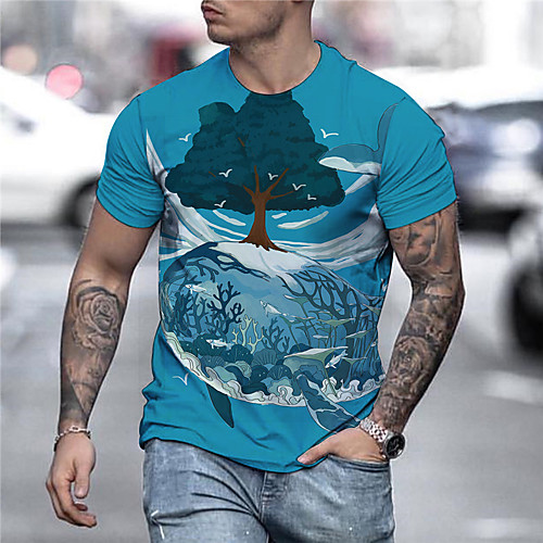 

Men's Tees T shirt 3D Print Tree Animal Print Short Sleeve Daily Tops Casual Designer Big and Tall Blue
