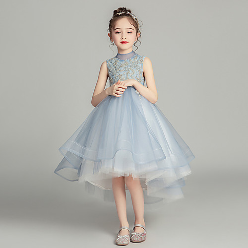

Princess Asymmetrical Flower Girl Dresses Wedding Tulle Sleeveless High Neck with Pleats