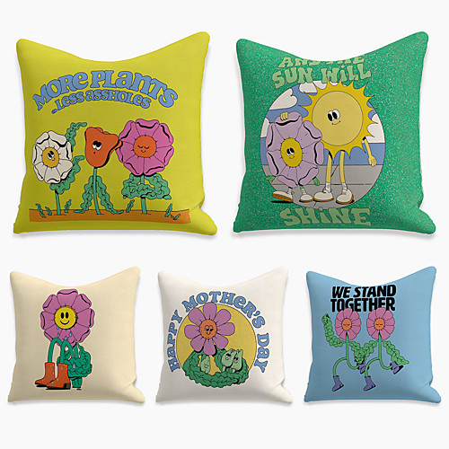

5 pcs Linen Pillow Cover, Cartoon Square Zipper Polyester Traditional Classic