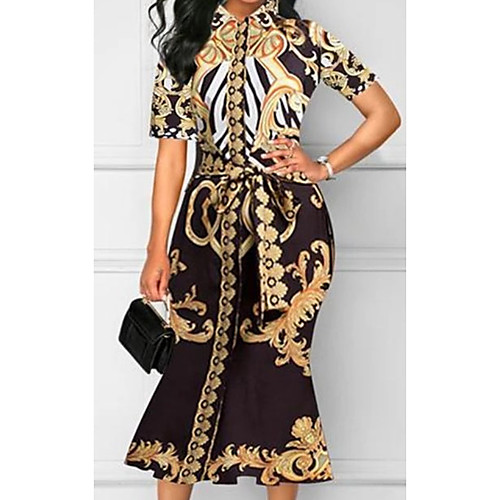 

Women's Sheath Dress Midi Dress Yellow Half Sleeve Print Print Spring Summer Shirt Collar Casual 2021 S M L XL XXL
